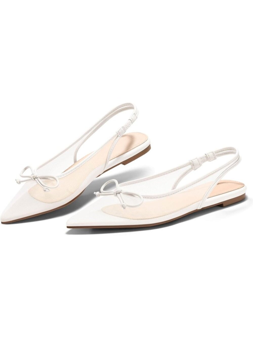Women's White Slingback Flats Bow Closed Pointed Toe Mesh Ballet Flats Sandals - Picture 6 of 6